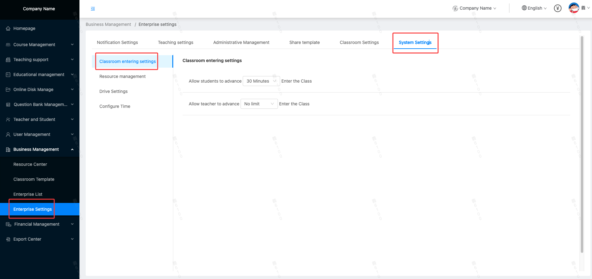 Classroom entering settings